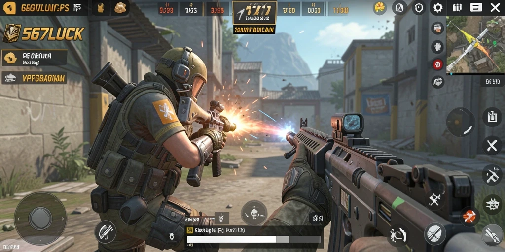 Screenshot utama 567LUCK menampilkan aksi tembak-menembak intens.