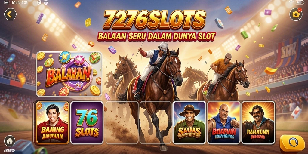 Screenshot gameplay 7276SLOTS menampilkan aksi balapan yang mendebarkan dan mesin slot.