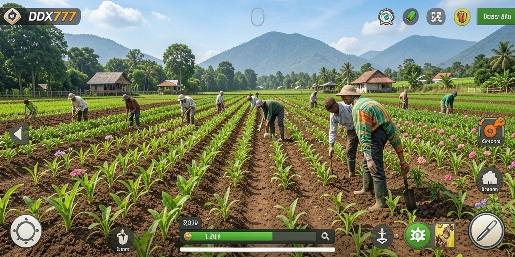 Tangkapan layar gameplay IDX777 menampilkan lahan pertanian yang subur dan penuh warna.