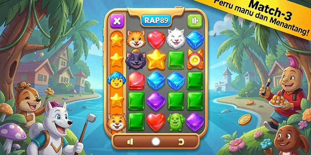 Screenshot menunjukkan gameplay Match-3 yang seru dengan grafis menawan.