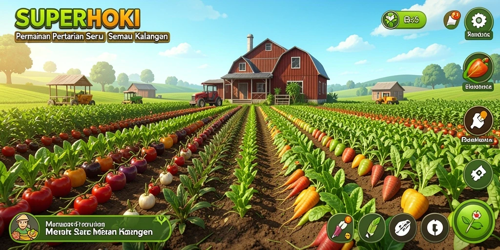 Tampilan gameplay SUPERHOKI yang menampilkan ladang dan hewan ternak.