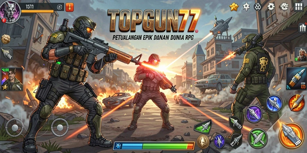 Screenshot gameplay TOPGUN77 menampilkan aksi seru dalam pertempuran RPG.